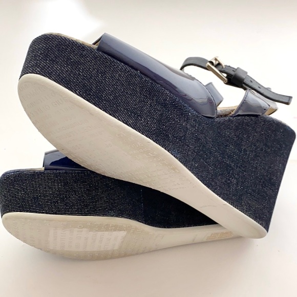 AGL 👡 PLATFORM WEDGE SANDALS denim and NAVY patent leather with wide strap - Picture 11 of 12